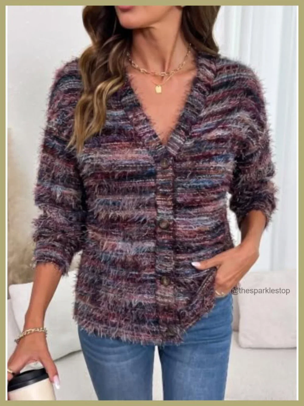 Women's Striped Knit Cardigan, Fuzzy Eyelash Long Sleeve, V-Neck Button Down,